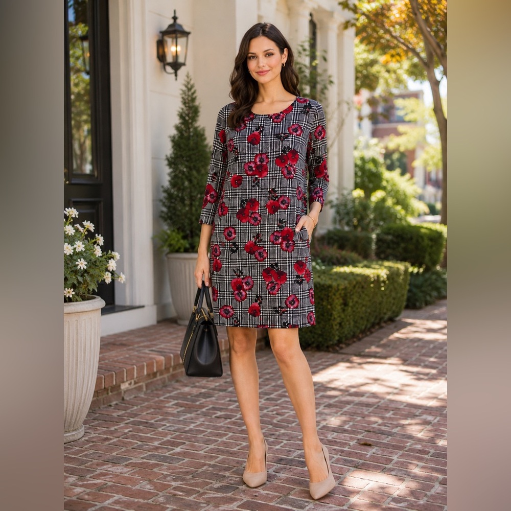 Tommy Hilfiger Black & Red Floral Plaid Long Sleeve Shift Dress